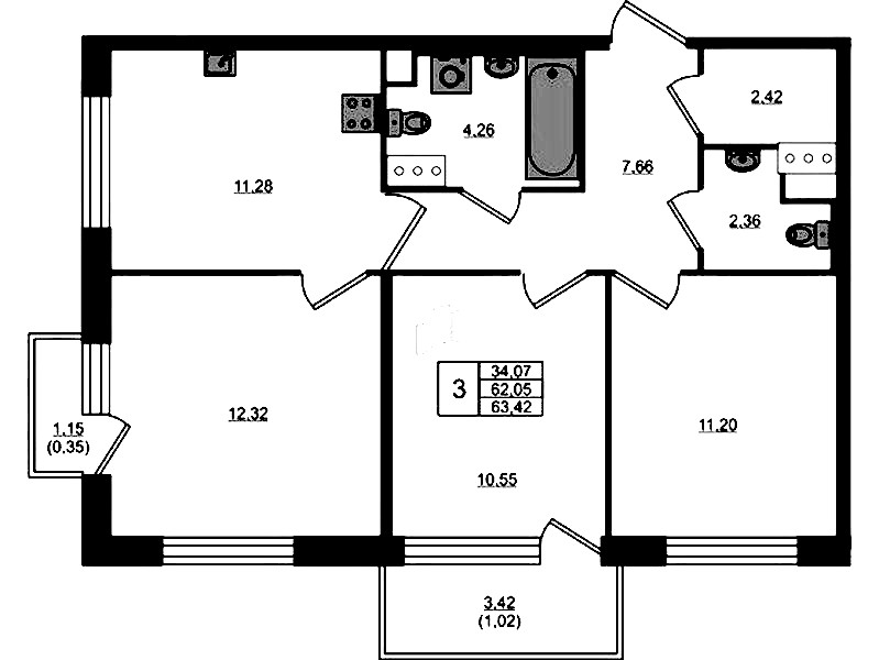 3-комнатная квартира 62.05 м², 5/5 эт., ЖК «Plus Пулковский»